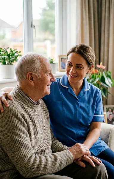 Pflegekraft betreut älteren Menschen liebevoll zuhause